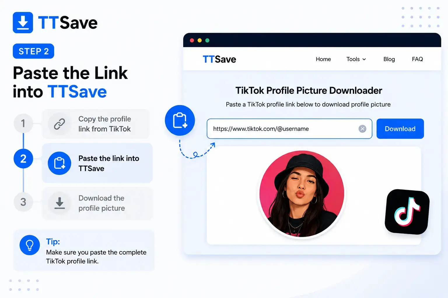 Paste a TikTok profile link into TtSave